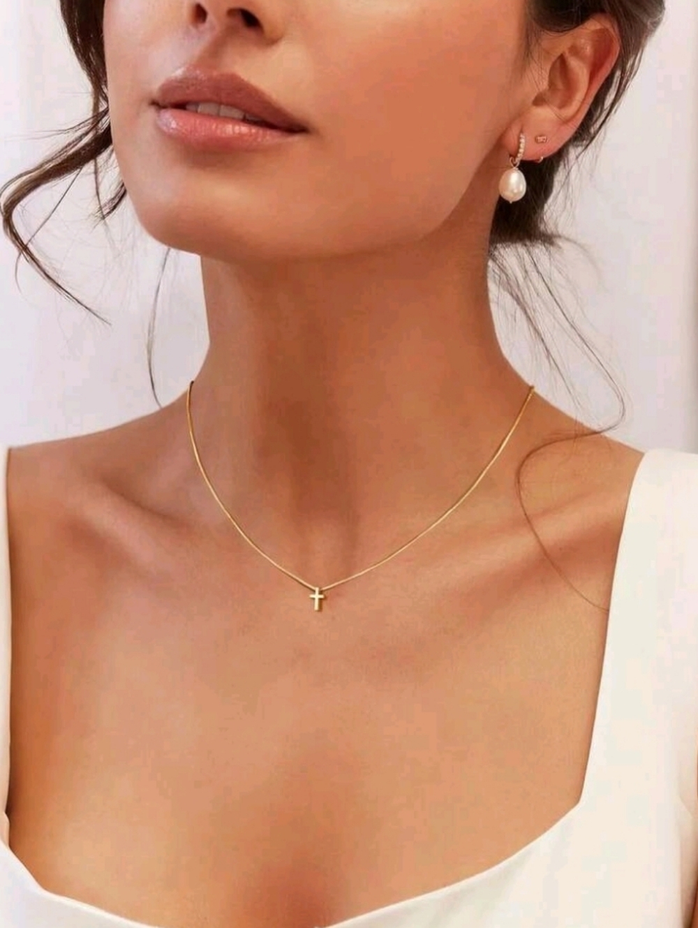 NEW! 14K Gold Plated Minimalist Tiny Chunky Cross Delicate Box Chain Necklace - Picture 4 of 4